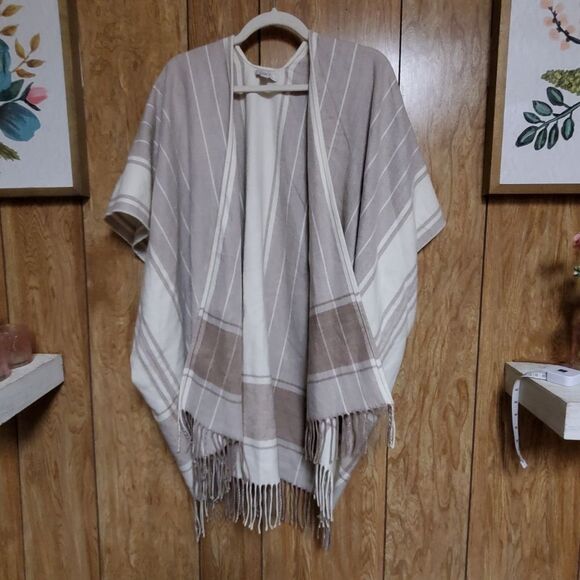 LOFT Oversized Neutral Striped Poncho with Fringe Hem Size XS/S - Picture 1 of 6